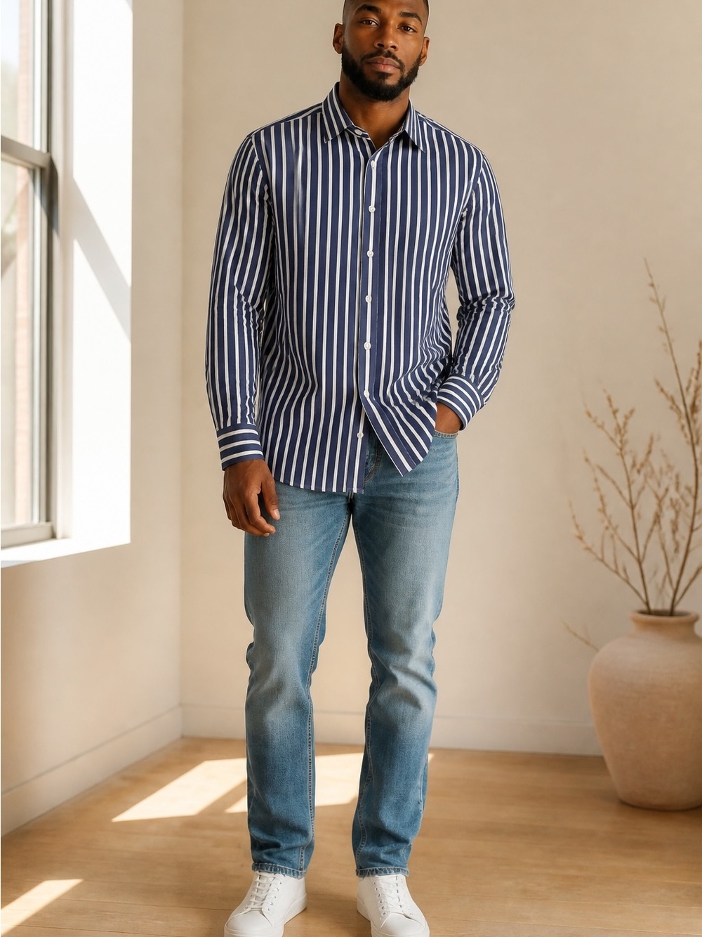 Zara Blue and White Slim-Fit Striped Shirt
